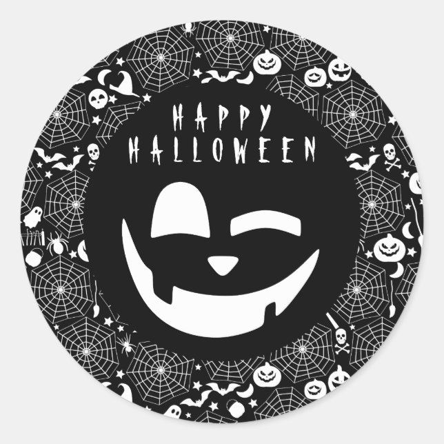 Adesivo Redondo Rosto Feliz de Abóbora Preta e Branca (Frente)