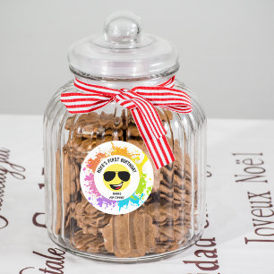 Adesivo Redondo Rosto Feliz, Óculos Aviadores, Primeiro Aniversári