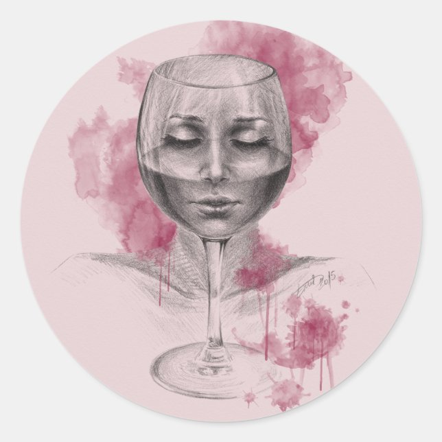 Adesivo Redondo Rosto feminino na taça de vinho - arte surreal de  (Frente)