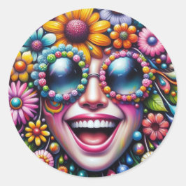 Adesivo Redondo Rosto sorridente cercado por Flores Sticker