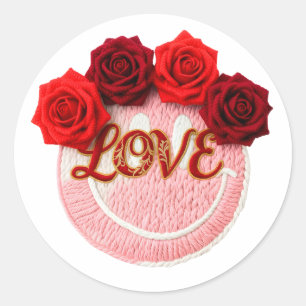 Adesivo Redondo Rosto Sorridente de Tricô Rosa Vermelha Amor Flora
