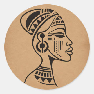 Adesivo Redondo Rosto Tribal Africano Abstrato | Arte de Linha Min
