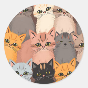 Adesivo Redondo Rostos de Gatos Fofos Padrão Ilustrado