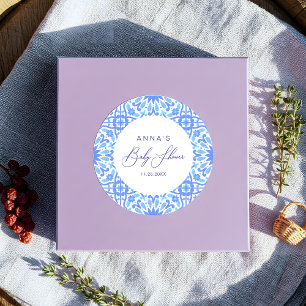 Adesivo Redondo Roteiro de Chá de Bebê com Azulejos Azuis Italiano