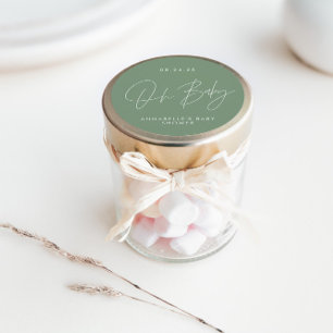 Adesivo Redondo Roteiro de chá de bebê moderno verde sálvia elegan