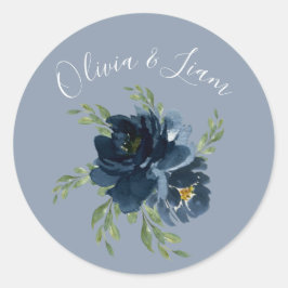 Adesivo Redondo Roteiro Moderno de Aquarela Floral Azul Empoeirado