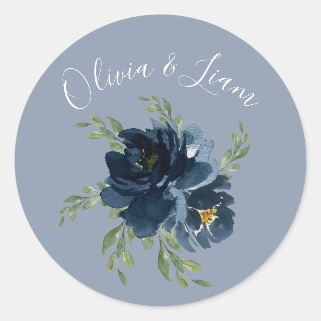 Adesivo Redondo Roteiro Moderno de Aquarela Floral Azul Empoeirado (Frente)