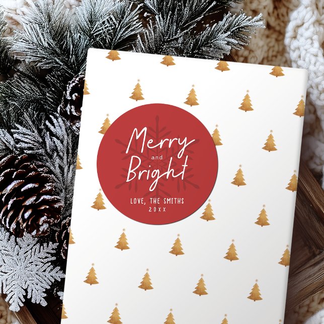Adesivo Redondo Roteiro Moderno Feliz & Natalino Flocos de Neve Na (Modern Script Merry & Bright Snowflakes Christmas Classic Round Sticker)