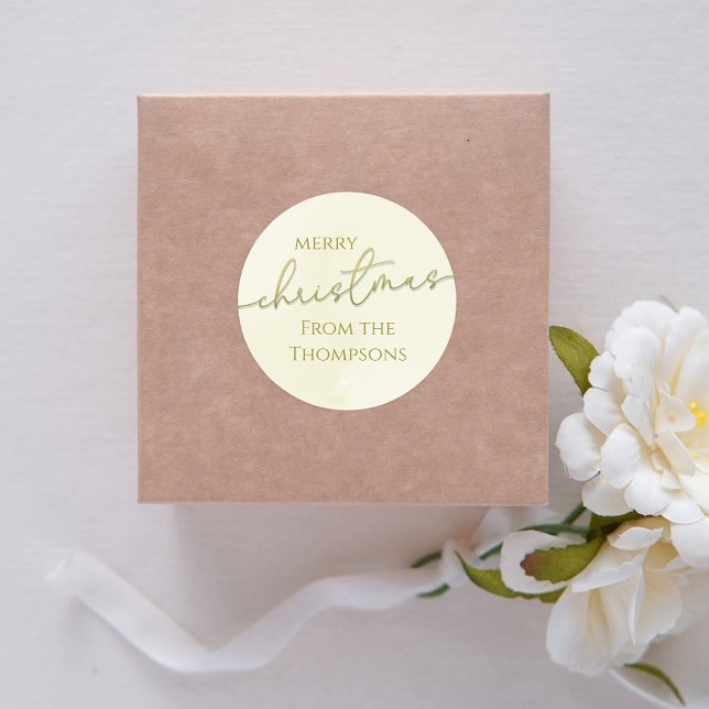 Adesivo Redondo Roto Natal Dourado Grafismo Personalizado  (Merry Christmas gold calligraphy script circle sticker. )