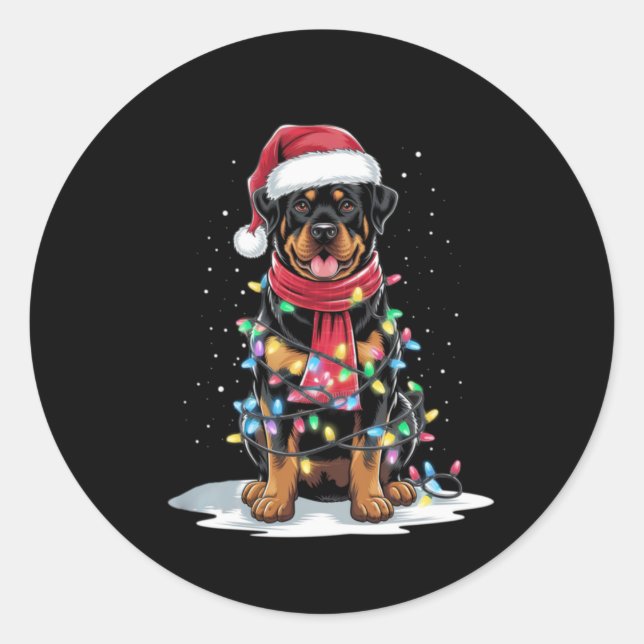 Adesivo Redondo Rottweiler Christmas Tree Santa Hat Lights Xmas Do (Frente)