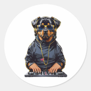 Adesivo Redondo rottweiler Dog Dj com roldanas e fones de ouvido
