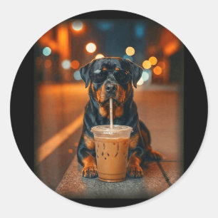 Adesivo Redondo Rottweiler engraçado bebendo café gelado amante de