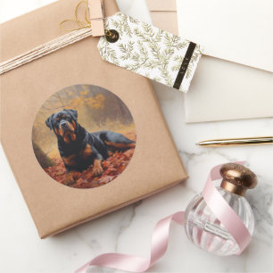 Adesivo Redondo Rottweiler nas Folhas de outono cai inspirador