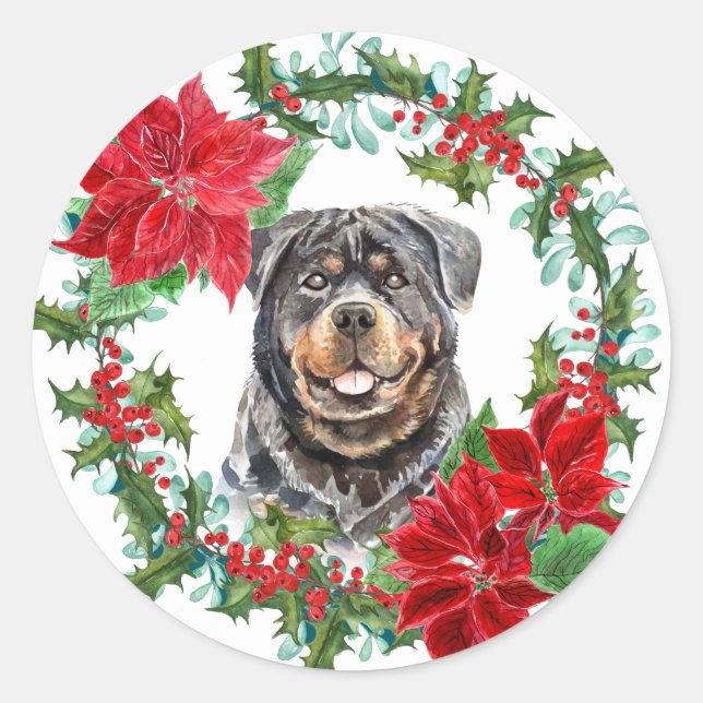 Adesivo Redondo Rottweiler Poinsettia Holly Berry Wreath de Natal (Frente)