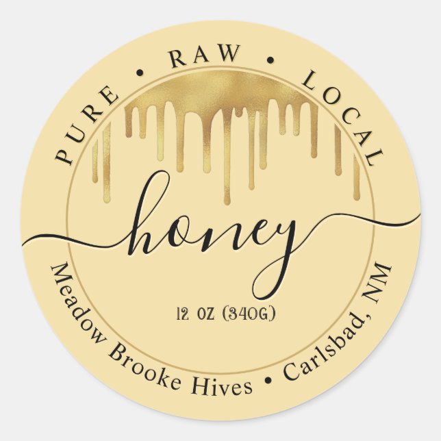 Adesivo Redondo Rótulo Amarelo de Mel com gotas e fonte decorativa (Frente)