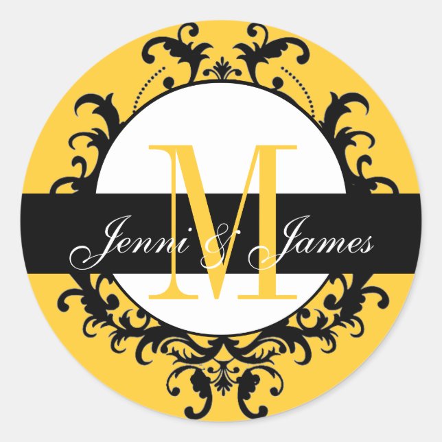 Adesivo Redondo Rótulo Amarelo Ornamentado de Nomes de Monograma d (Frente)