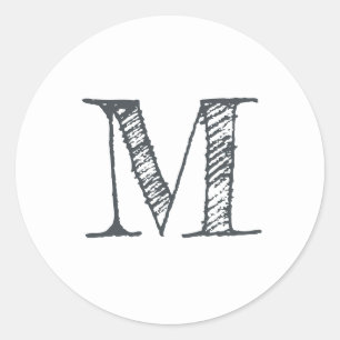 Adesivo Redondo Rótulo Branco Preto Inicial do Monograma de Scrip