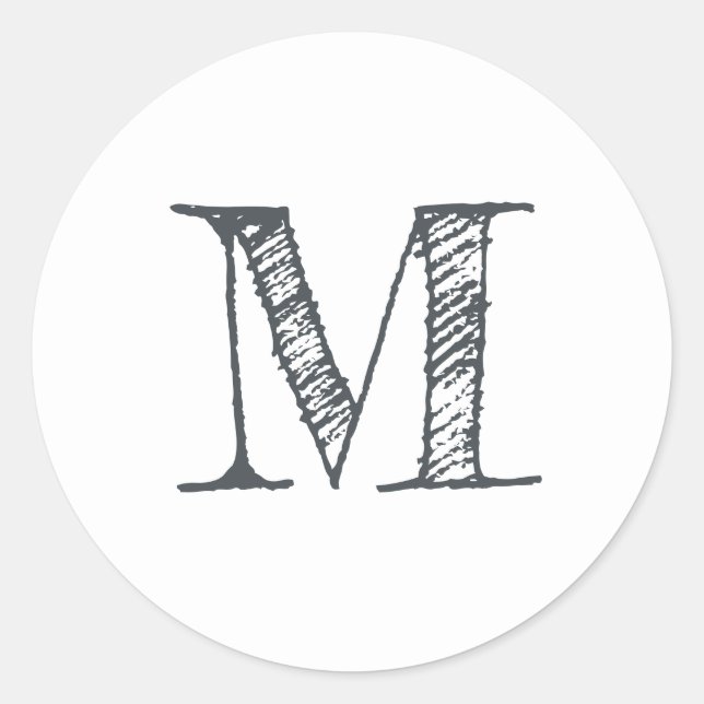 Adesivo Redondo Rótulo Branco Preto inicial do Monograma de Script (Frente)