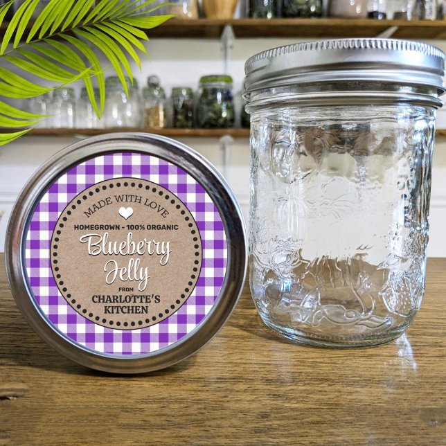 Adesivo Redondo Rótulo Clássico Roxo Gingham Canning Jar (Criador carregado)