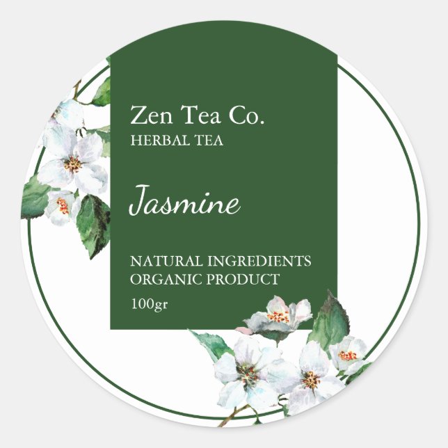 Adesivo Redondo Rótulo Comercial de Chá de Jasmim Herbal (Frente)