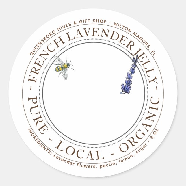 Adesivo Redondo RÓTULO DA GELA DE lavanda com lavanda e abelha de  (Frente)