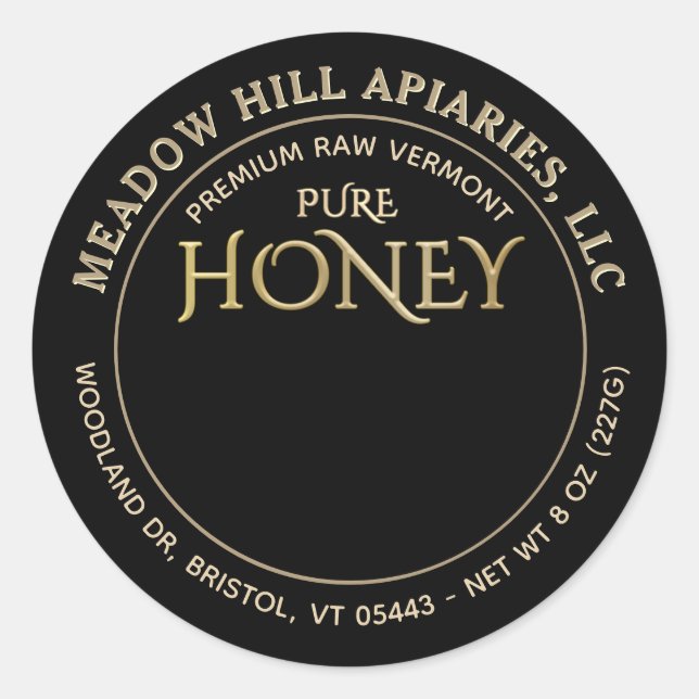ADESIVO REDONDO RÓTULO DA MEL DA FLORES DE TINTA DOURADA A PRETO (Frente)