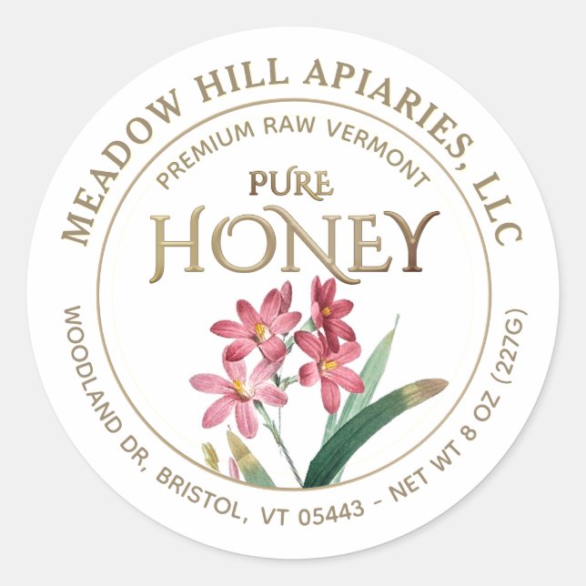 ADESIVO REDONDO RÓTULO DA MEL DA FLORES DE TINTA DOURADA EM BRANCO (Frente)