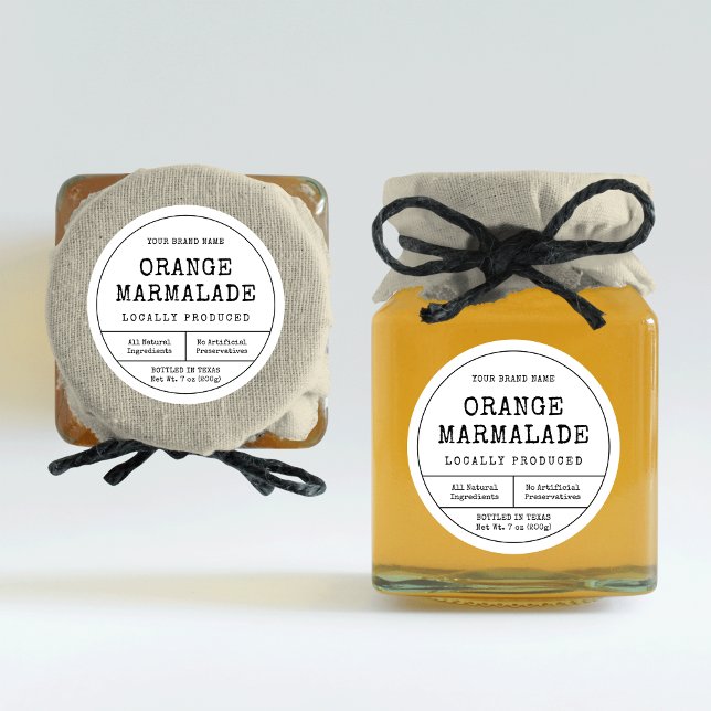 Adesivo Redondo Rótulo da Tampa do Jar de Emperramento Preto e Bra (Rustic minimalist round preserve jar labels with vintage fonts in black and white)