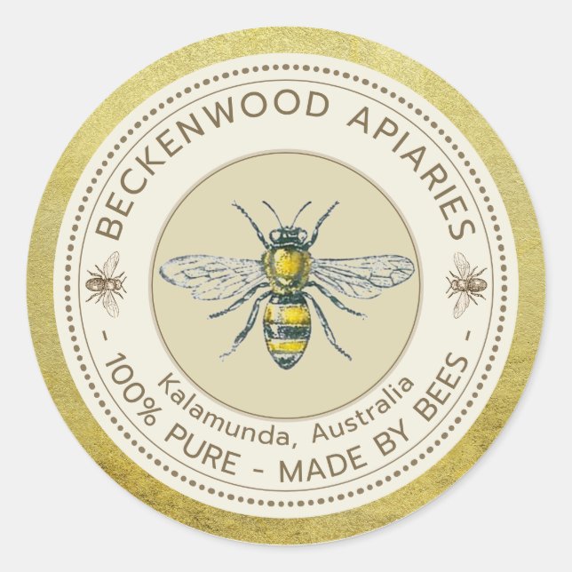 Adesivo Redondo Rótulo de Abelhas Amarelas Abejamento Dourado Apiá (Frente)