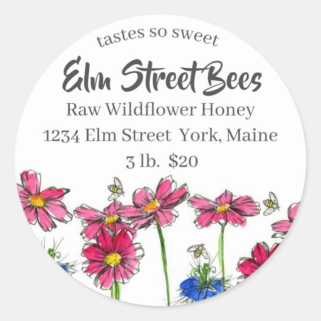 Adesivo Redondo Rótulo de Abelhas de Mel Frescas de Cosmos (Frente)