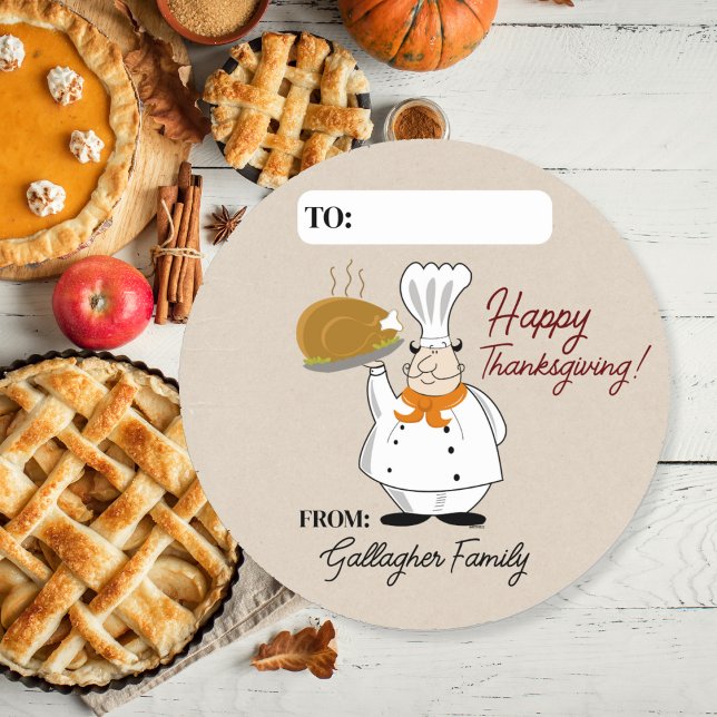 Adesivo Redondo Rótulo de Ação de Graças para Comida de Chefe de P (Chef with a Turkey Favor Sticker for Thanksgiving)