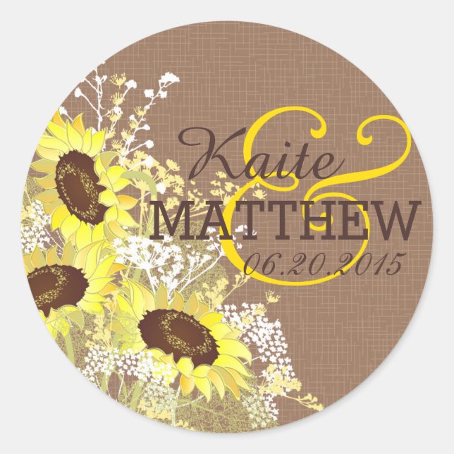 Adesivo Redondo Rótulo de Casamento de Girassol e Burlap (Frente)