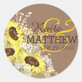 Adesivo Redondo Rótulo de Casamento de Girassol e Burlap