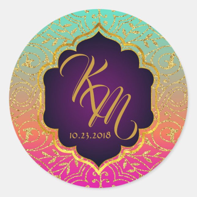 Adesivo Redondo Rótulo de Casamento de Monograma de Noites de Boll (Frente)