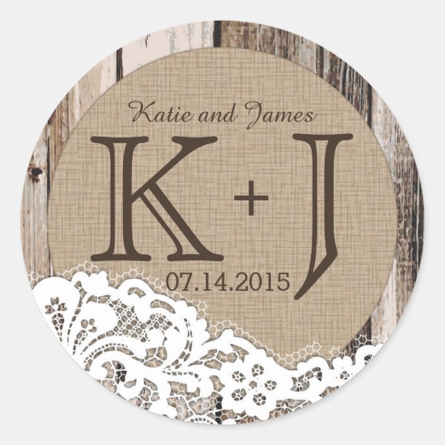 Adesivo Redondo Rótulo de Casamento de Monograma Russo de Madeira  (Frente)
