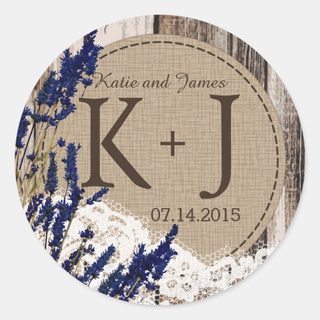 Adesivo Redondo Rótulo de Casamento do Monograma Russo de Lavanda  (Frente)