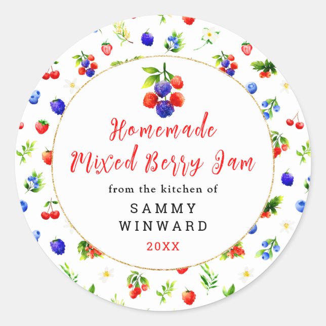 Adesivo Redondo Rótulo de Conserva de Frutas Vermelhas Caseira (Frente)