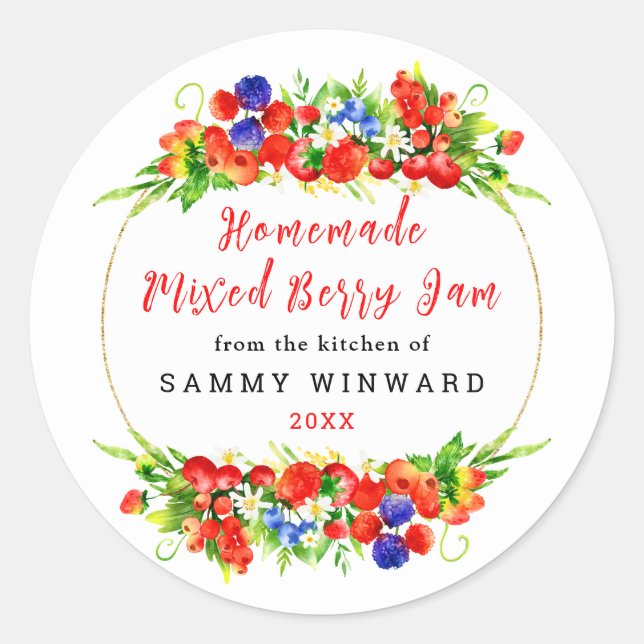 Adesivo Redondo Rótulo de Conserva de Frutas Vermelhas Caseira (Frente)