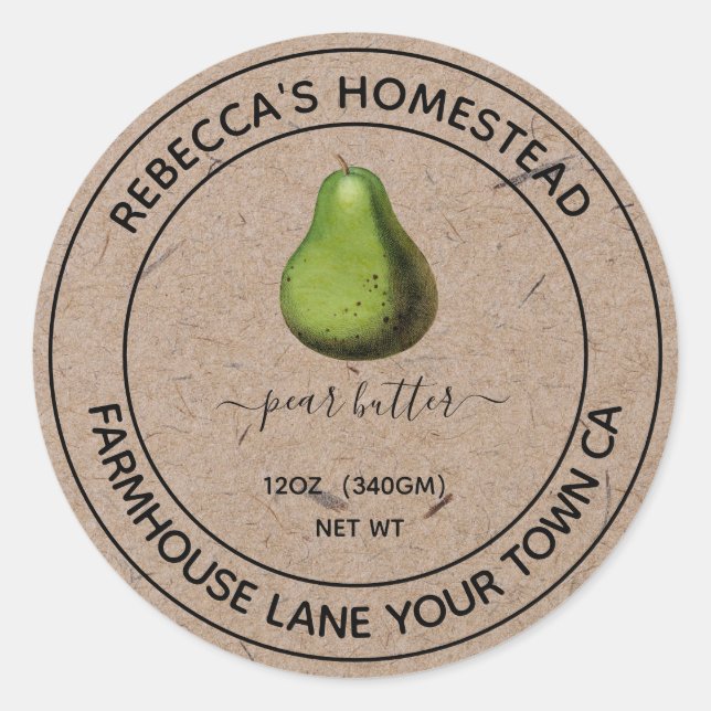 Adesivo Redondo Rótulo de conservas de manteiga de pera caseira (Frente)