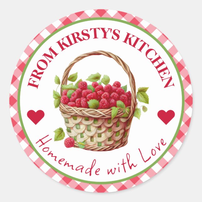 Adesivo Redondo Rótulo De Emperramento De Framboesa De Gingham (Frente)