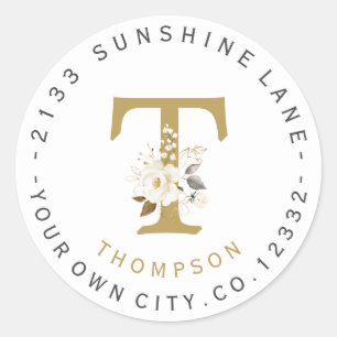 Adesivo Redondo Rótulo de Endereço Circular do Monograma Dourado F