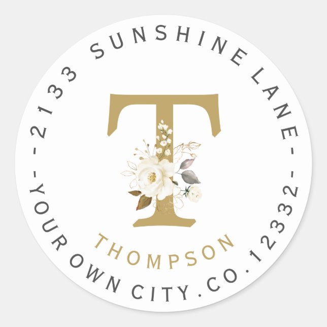Adesivo Redondo Rótulo de Endereço Circular do Monograma Dourado F (Frente)