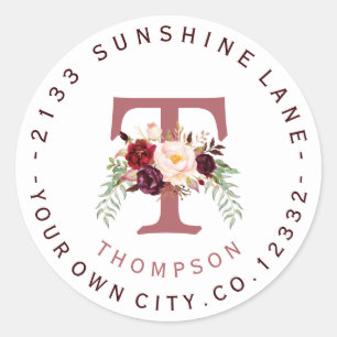 Adesivo Redondo Rótulo de Endereço Circular Floral de Marsala