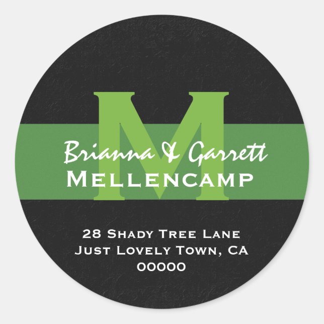 Adesivo Redondo Rótulo de Endereço de Casamento do Monograma Verde (Frente)