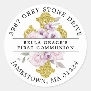 Adesivo Redondo Rótulo de Endereço de Devolução da Primeira Comunh