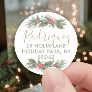 Adesivo Redondo Rótulo de Endereço de Devolução de Natal Holly