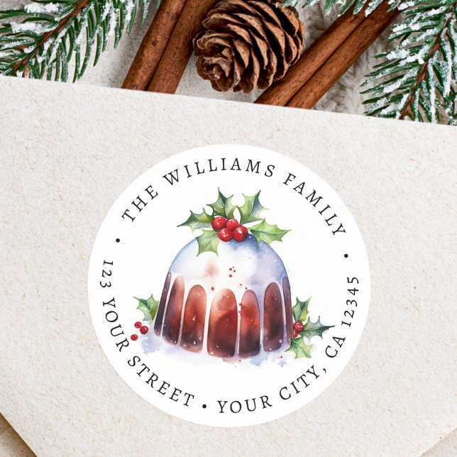 Adesivo Redondo rótulo de endereço de devolução de pudim de Natal  (Christmas pudding watercolor return address classic round sticker)