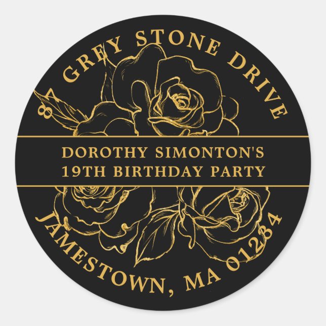 Adesivo Redondo Rótulo de Endereço de Devolução de Rosa Dourado de (Frente)