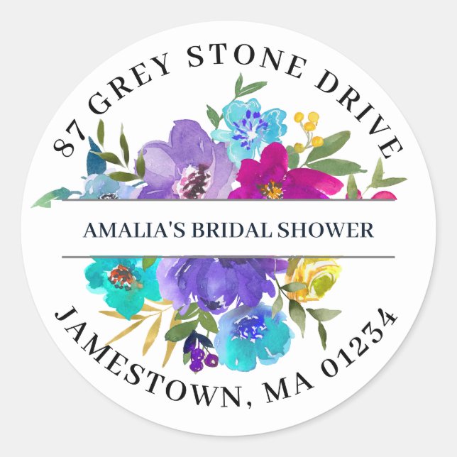 Adesivo Redondo Rótulo de Endereço de Devolução Floral Azul-Rosa P (Frente)