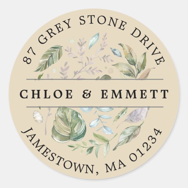 Adesivo Redondo Rótulo de Endereço de Retorno Botânico Rustic (Frente)